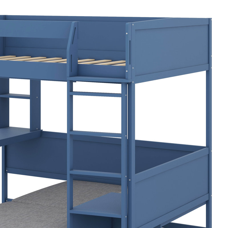 Lit mezzanine double en bois avec bureau, organisateur de chevet, canapé et système d'éclairage, Marine