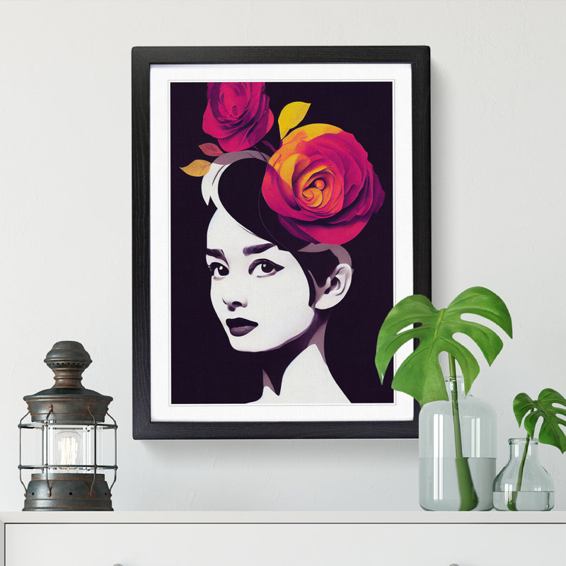 Argaki Floral Woman - Wall Art, 46cm H x 34cm W x 2cm D, Walnut Framed Paper, White