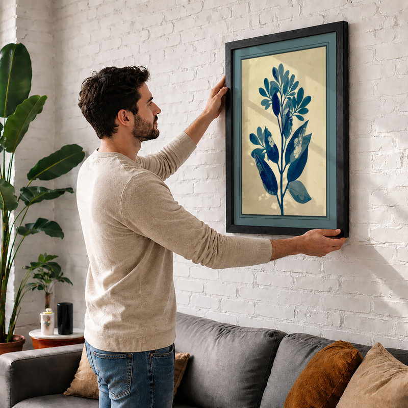 Blue Flowering Botanical - Framed Print, Oak, A4 - 29.7 x 21.0 cm