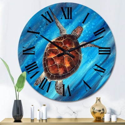 Tortue de mer colorée nageant en bleu - Horloge murale nautique et côtière