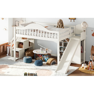 Lit mezzanine double avec escalier de rangement, glissade et garde-robe intégrée, garde-corps haut élégant, cadre de lit mezzanine en bois pour chambre à coucher, dortoirs, invités. Beige