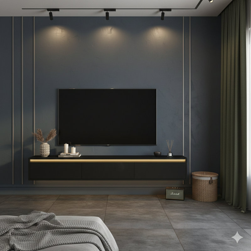 Wall-Mounted Floating TV Shelf With LED Lights And A Built-In Power Outlet. A High-Gloss TV Cabinet Designed For Living Rooms.