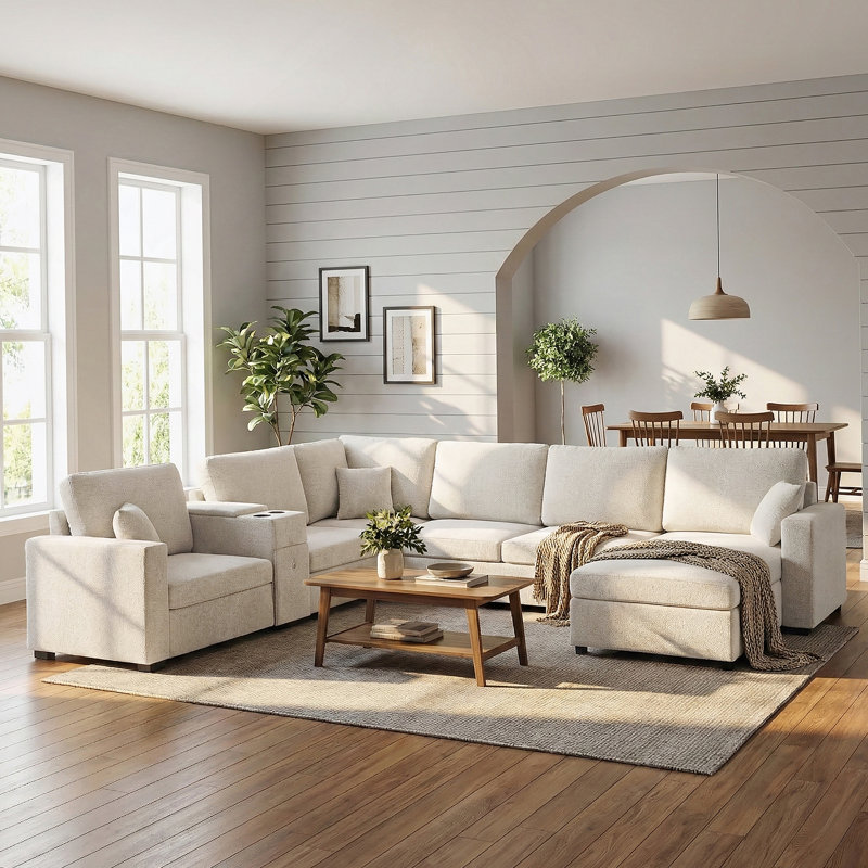 Canapé modulaire en U à 5 places avec méridienne, sièges profonds, porte-gobelets, tiroir de rangement et coussins supplémentaires pour le confort de la famille.