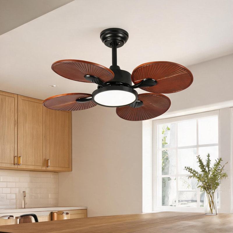Ventilateur de plafond pour salon ou chambre à coucher, 33 po, finition naturelle, 5 pales en bois massif, moteur à courant continu, DEL à intensité variable, télécommande