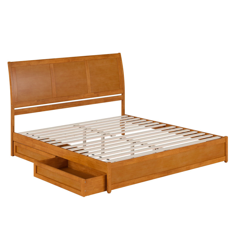 Lamayia Solid Wood Sleigh Platform Bed with Footboard and Storage Drawers, Light Toffee, King