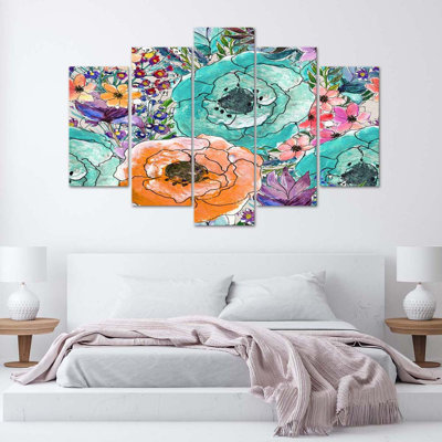Abstract Colourful Flowers 5 Piece Wrapped Canvas Wall Art Set