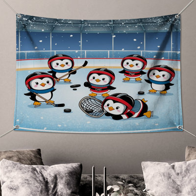 Penguins Playing Hockey Wall Tapestry - Hockey Wall Decor