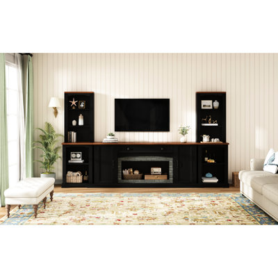 Meuble 3 téléviseurs pour téléviseur de 70 po ou moins, noir avec tablettes, buffet en noyer, tiroir et conception adaptable, armoires latérales incurvées pour le salon, salle de divertissement avec tablettes réglables rétro
