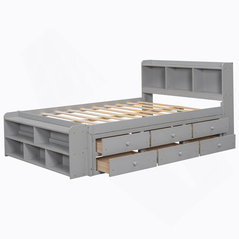 Bed with Side Bookcase, Drawers, Gray