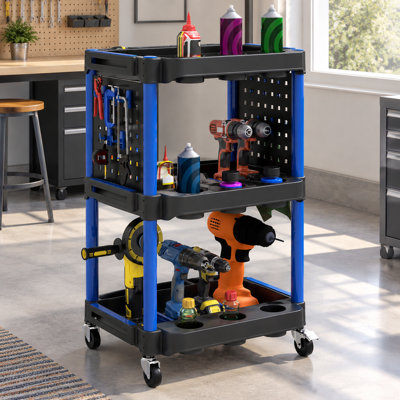 Chariot utilitaire en plastique à roulettes avec étagères latérales, chariot à outils roulant à 3 niveaux, capacité de 90 kg (200 lb) pour garage et atelier