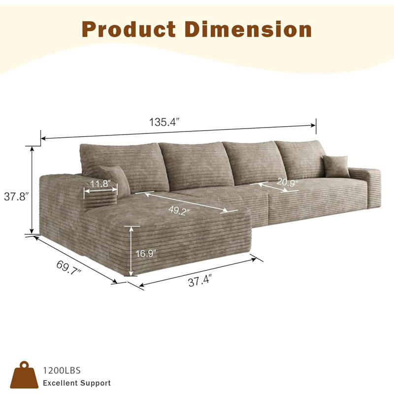 Boneless 135" Oversized Boneless Couch with Left L Shape Chaise, Modern Modular Sectional Sofa with Deep Seat, No Assembly Required, Cloud Sectional Couch with Corduroy Fabric (4S+Left Facing Chaise)