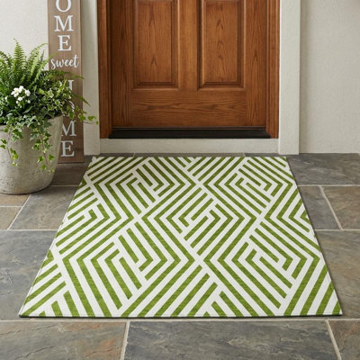Tapis extérieur lavable antidérapant à motif géométrique vert lime et blanc 3 pi x 5 pi