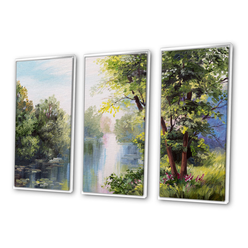 Paysage - Lake In The Forest Summer Day - Lake House, ensemble de 3 toiles d'art encadrées, H 20 po x l 36 po, Blanc