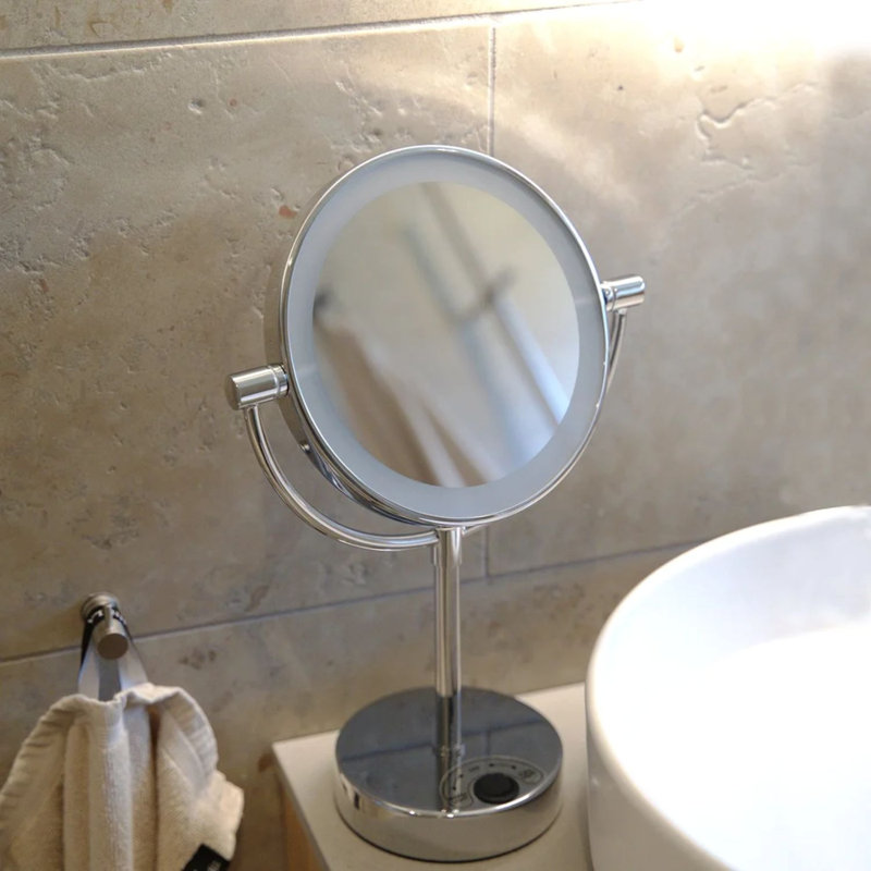 Miroir de maquillage autoportant à double face avec lumière DEL. 5x et grossissement normal. à piles - 4 piles AA. 