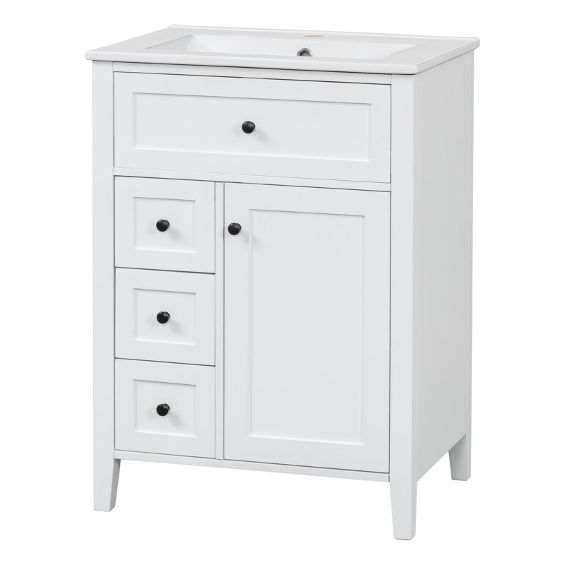 Meuble-lavabo moderne 24 po avec lavabo, 3 tiroirs et support de porte (noir / blanc / bleu / gris / vert), Blanc