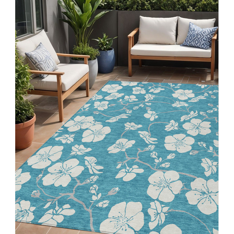 Tapis extérieur lavable floral turquoise et ivoire 5 pi x 8 pi