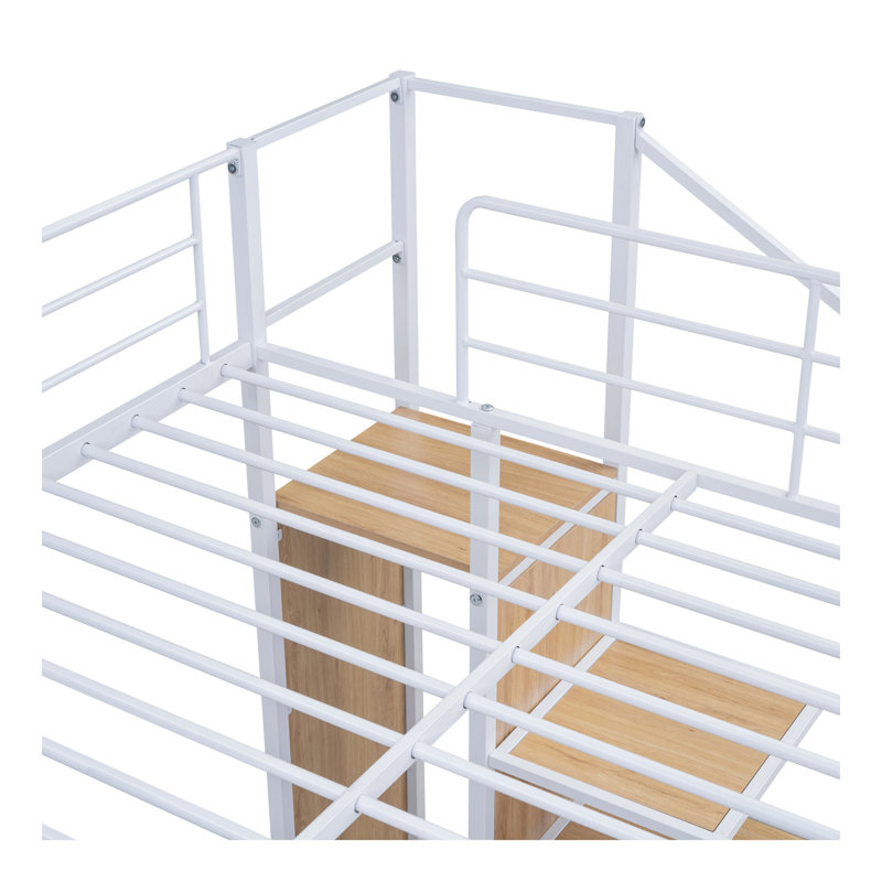 Lit superposé double en métal avec échelle de rangement latérale et garde-robe, blanc, Blanc