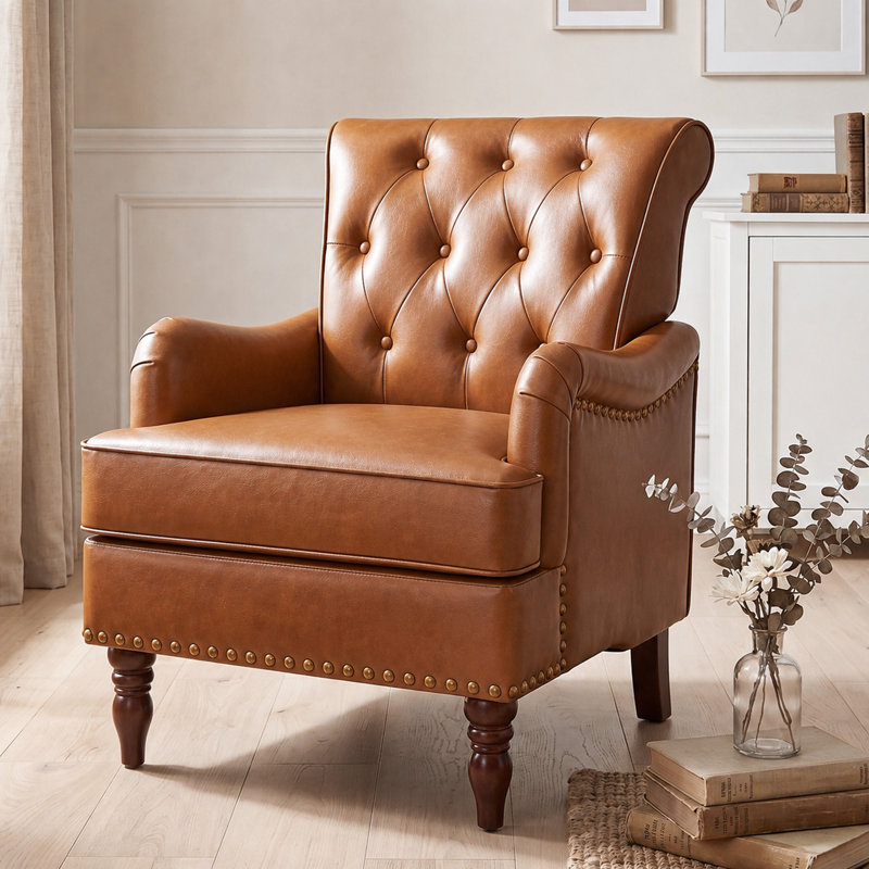 Fauteuil à oreilles 29 po capitonné avec garniture cloutée et pieds en bois tournés rétro, Chameau, 1