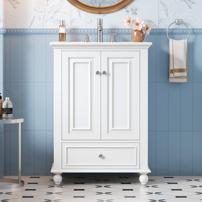 Meuble-lavabo simple 24 po avec lavabo et plateau en céramique, meuble de rangement moderne avec portes à fermeture douce, meuble-lavabo avec tiroir, blanc