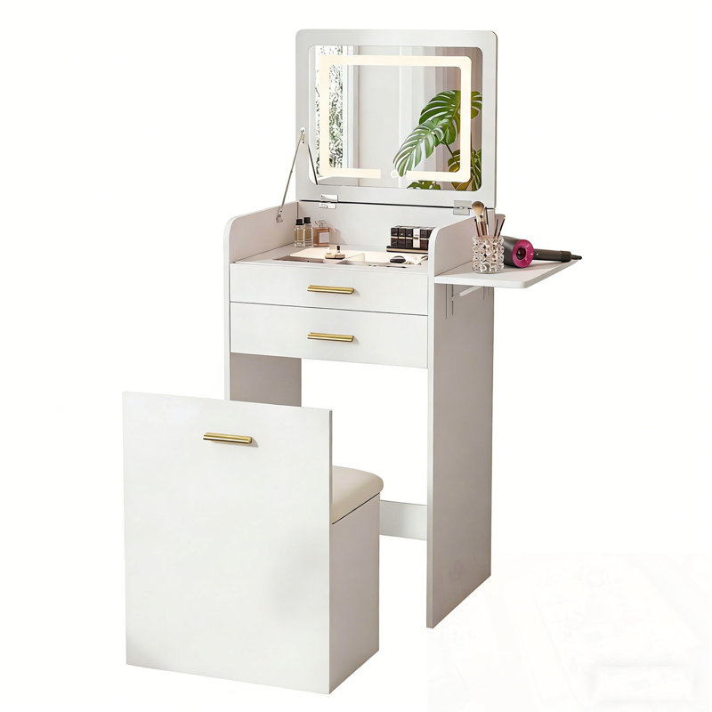 Ensemble de coiffeuse avec tabouret, miroir rabattable et 2 tiroirs