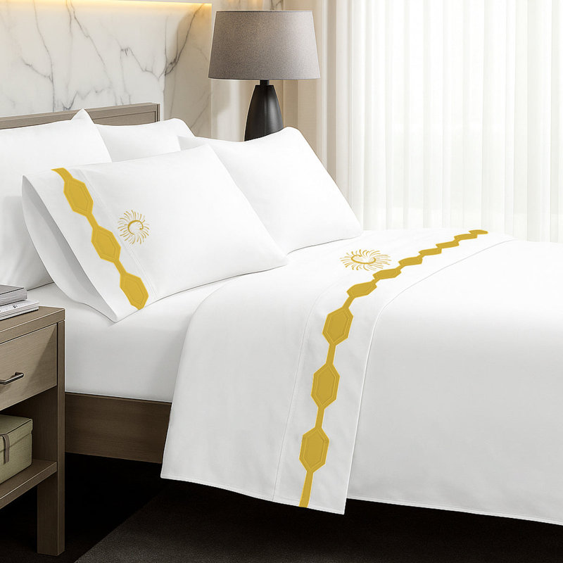 Monogram Hexagonal Applique Border Cotton Sheet Set, Queen Sheet Set, Yes