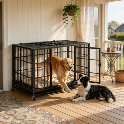 Cage pour chien robuste avec roues verrouillables, chenil mobile en métal avec loquet rotatif et plateau perforé - Cage intérieure / extérieure pour chiens de taille moyenne à grande