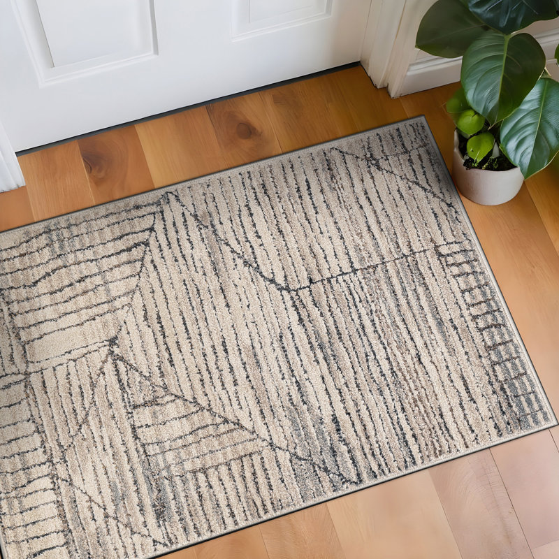 Tapis intérieur / extérieur à motif abstrait en lin crème, Rectangulaire 2 pi x 3 pi