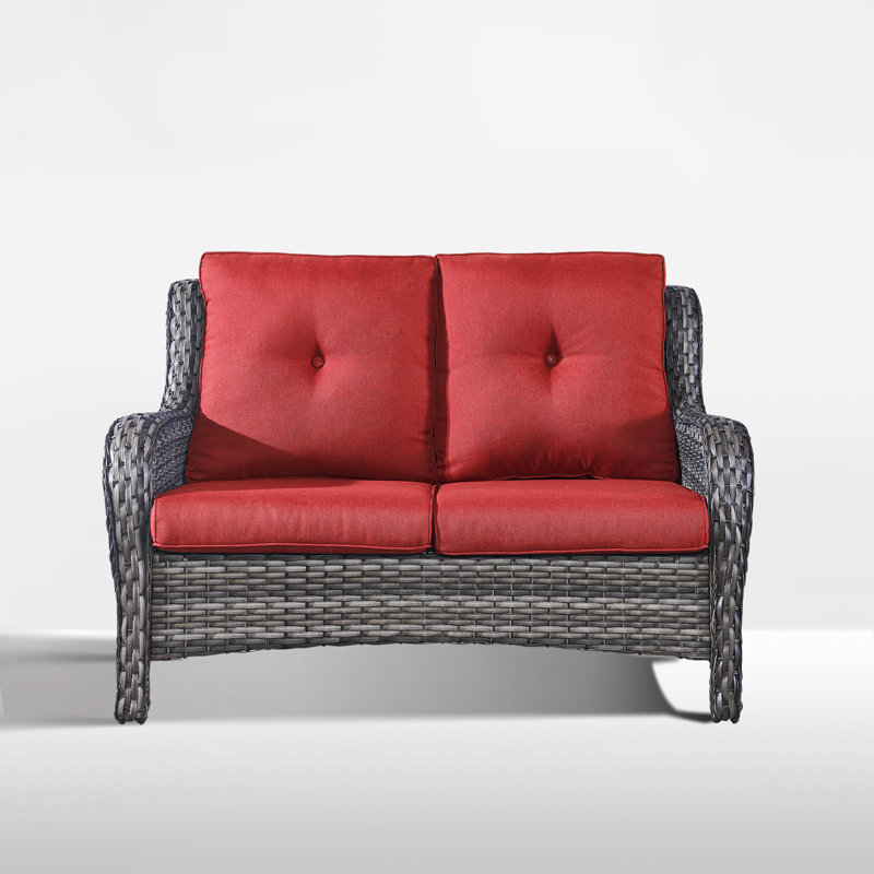 Schutt 50" Wide Outdoor Wicker Loveseat With Cushions, Red, Gray