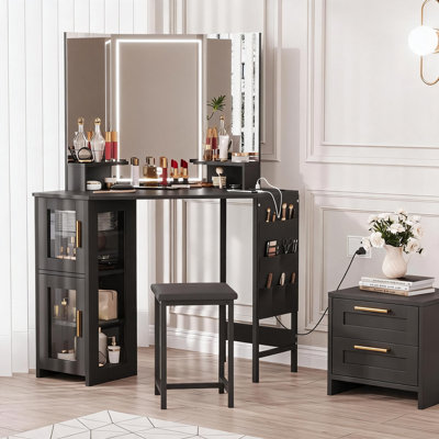 Ensemble de coiffeuse de coin avec miroir lumineux à DEL, station de charge, armoire de rangement, tabouret - table de maquillage pour chambre à coucher peu encombrante, noir moderne, miroir lumineux à DEL