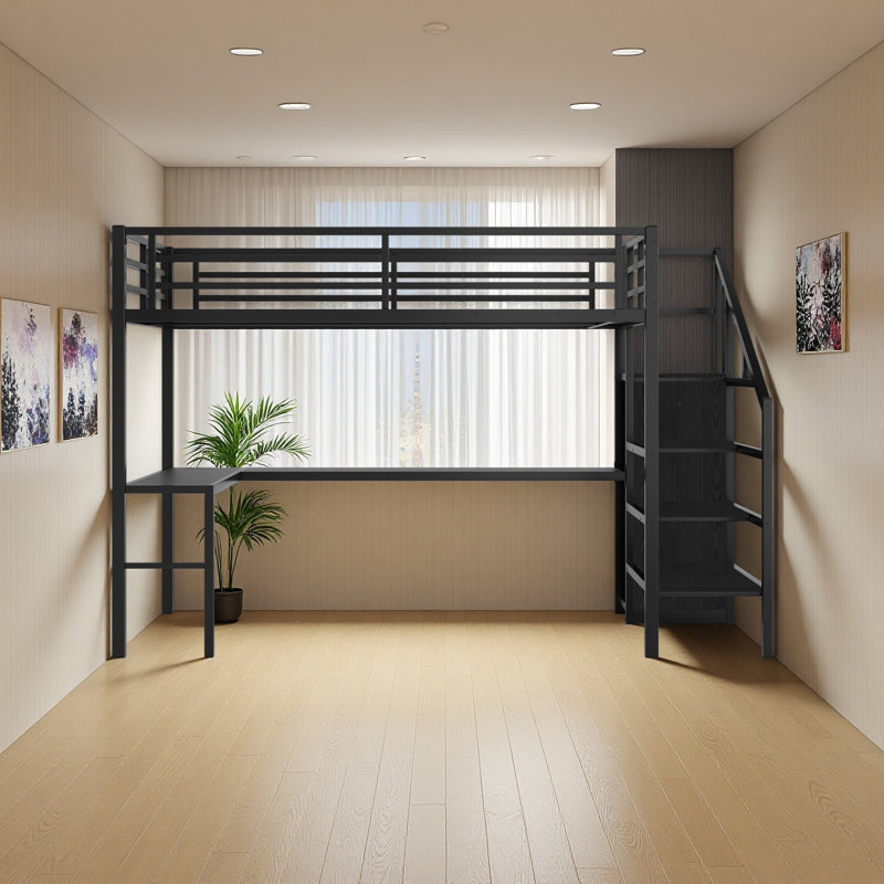 Lit double mezzanine double avec bureau en L et port USB