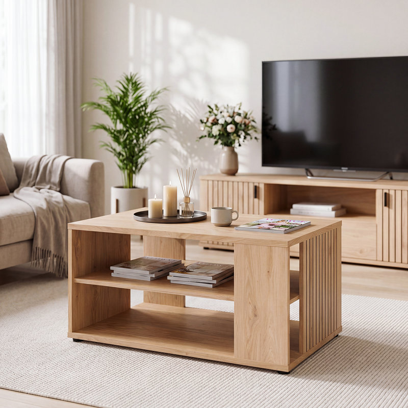 Scandi Style Coffee Table with Storage Shelf, Slatted Details, Engineered Wood, Warm Oak Decor, 90 cm W x 44.7 cm H x 60 cm D