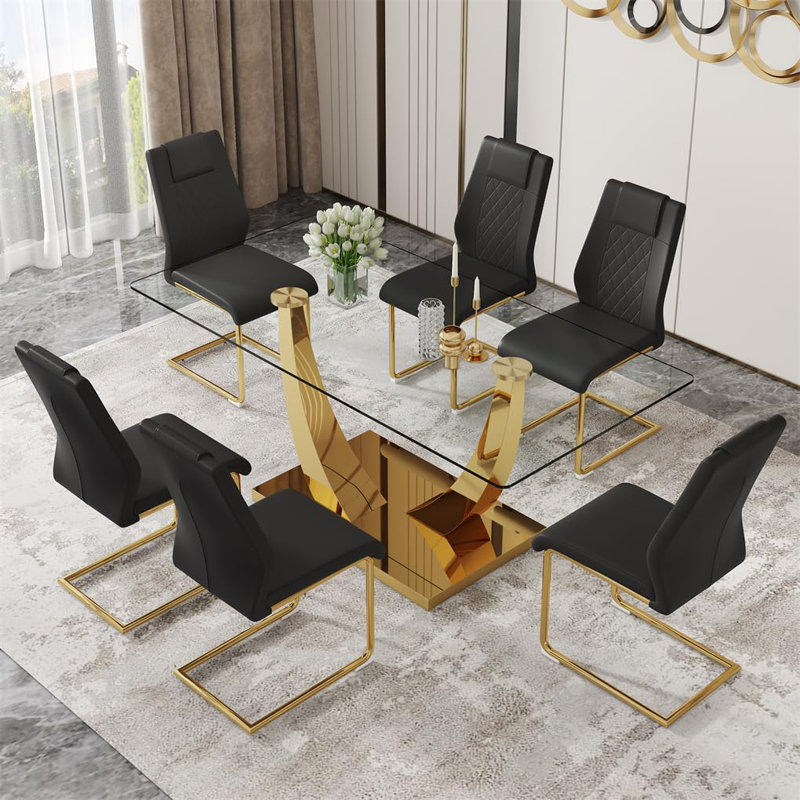 Ensemble de table de salle à manger 71 "en verre pour 6, ensemble de table et chaises de cuisine 7 pièces, pour le salon, petit espace (inclure 6 chaises noires)