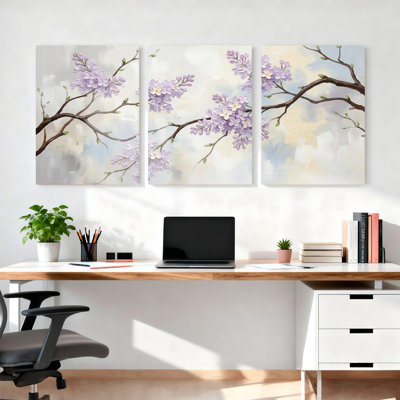 Lavande en fleurs Branches, reproduction d'art sur toile tendue sur toile, ensemble de 3 décorations pour salon