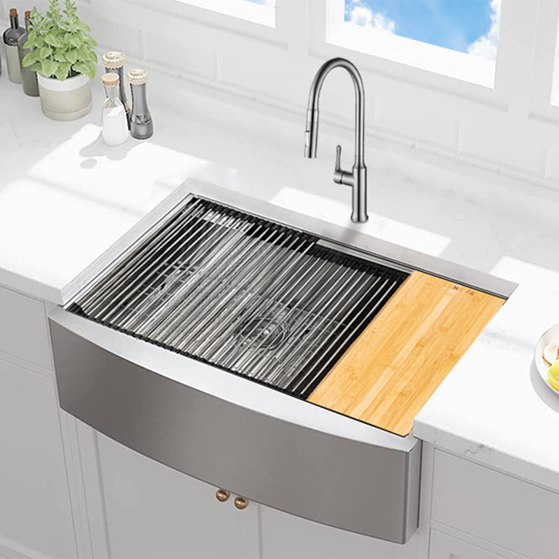 Évier de cuisine à tablier frontal simple 36 pouces avec 5 accessoires pour salle de bain KBFmore, 7 pièces