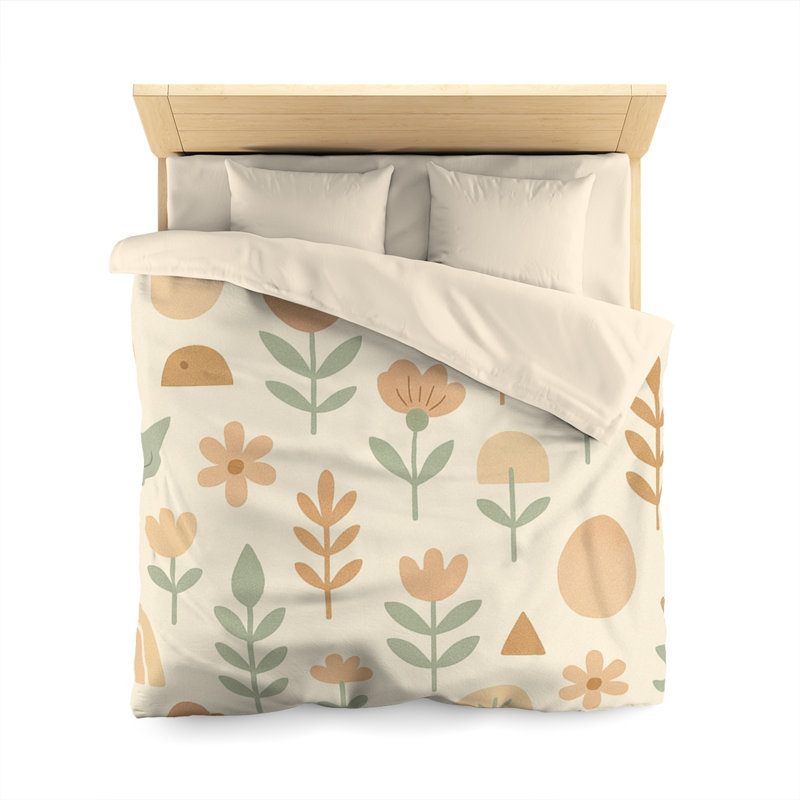 Microfiber Duvet Cover Boho Style, Design 24, Queen Duvet Cover, Green/Beige/Cream