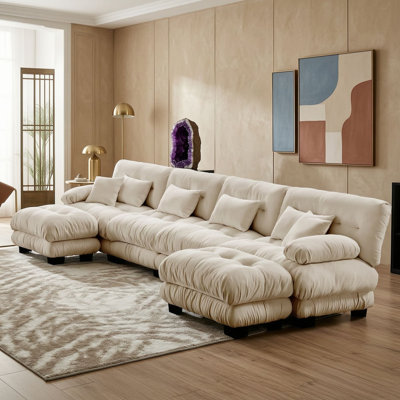 U Shaped Four Seat Sectional Sofa with Two Ottomans, Cushions and Pillows