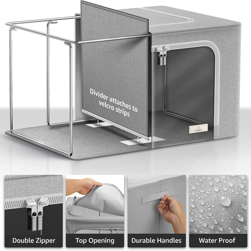 Large Storage Box Two-Compartment Foldable with Window & Handles - Single Piece, Gray