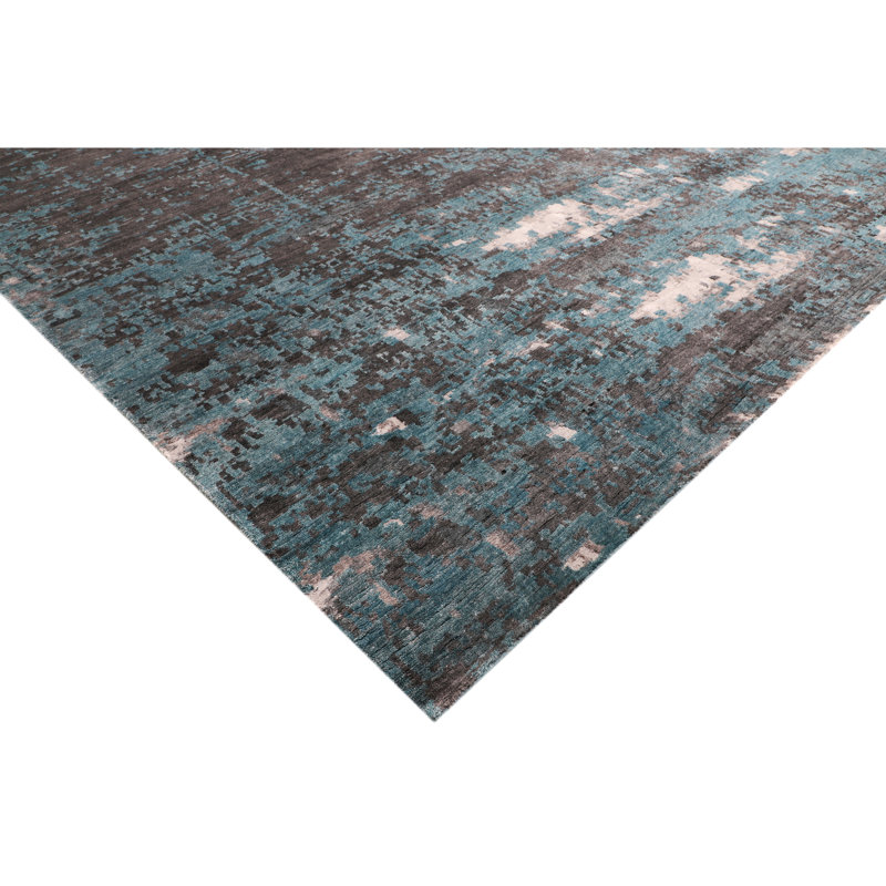 Abstract Area Rug in Turquoise/Gray/Ivory, Rectangle 6' x 9'