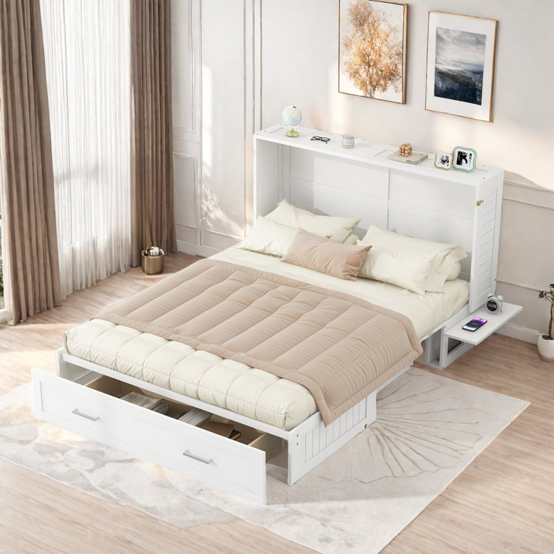 Mobile Murphy Bed With A Big Drawer And Little Shelves On Each Side