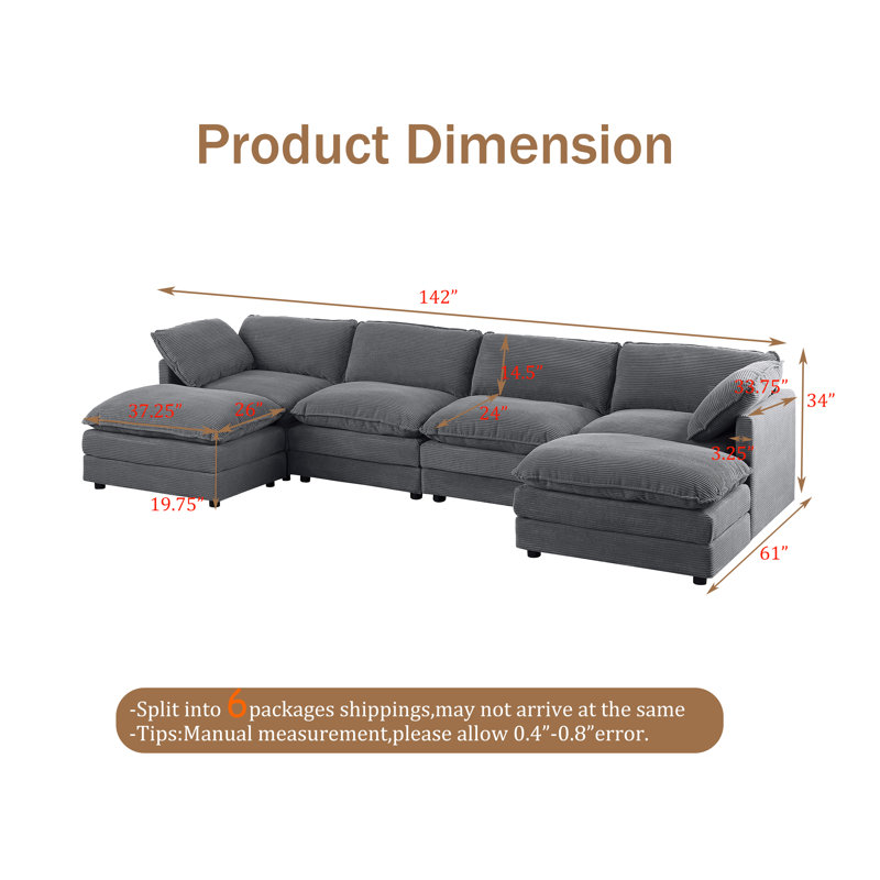 6 - Piece 140" U Shape Sectional Sofa Cloud Couch With Removable Ottomans, Gray Corduroy