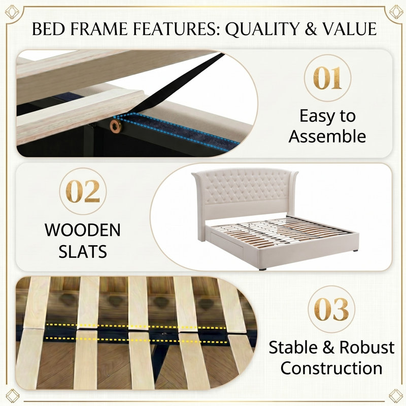 Button Tufted Wingback Velvet Upholstered Platform Bed with Storage Drawers, King, Cream Velvet, King, Cream