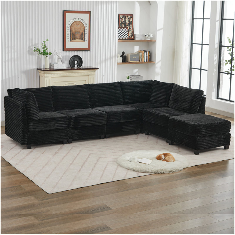 Canapé modulaire en velours côtelé avec rangement, canapé modulaire en U avec repose-pieds, canapé modulaire pour salon, Noir