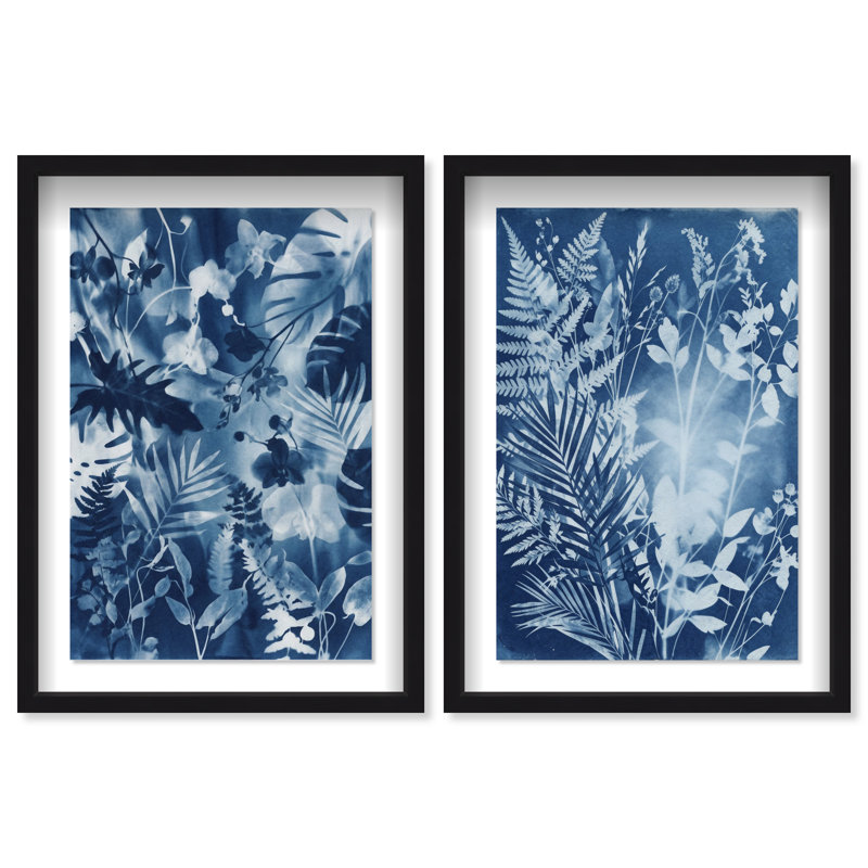 Blue Folliage Set Shadowbox Floral & Botanical Print by Oliver Gal, Black Frame, 10 x 15, 21.5"H x 31.5"W, Black Shadowbox