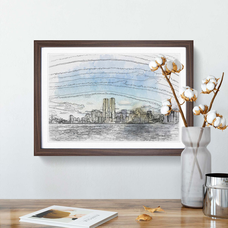 New York Skyline with the Twin Towers in Abstract - Picture Frame Graphic Art Print, 48cm H x 65cm W x 2cm D, Walnut Framed