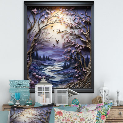 «Mauve Winter River Landscape Collage I», art mural paysage d'hiver