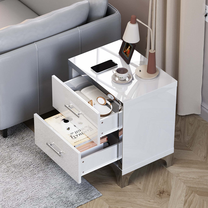 Modern White High Gloss Mirrored Nightstand With 2 Drawers And Metal Handles - Elegant End Table For Bedroom And Living Room | Gift Idea