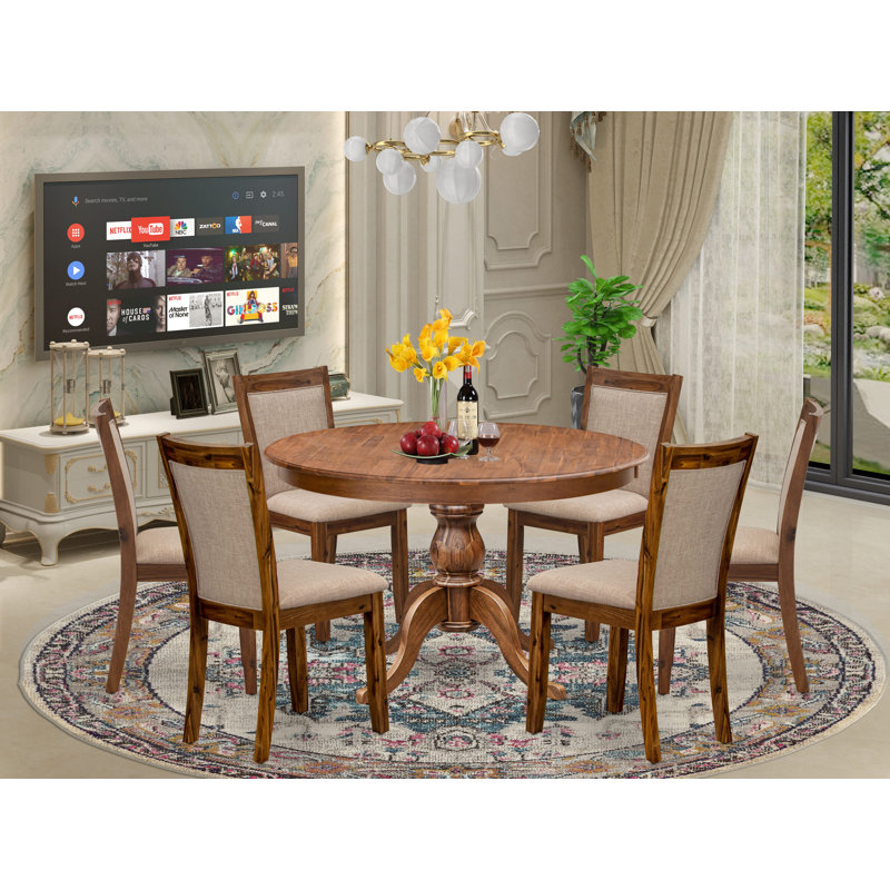 L'ensemble de salle à manger moderne 7 pièces se compose d'une table de salle à manger à piédestal et de 6 chaises Parson en lin brun clair avec dossier rembourré - noyer antique