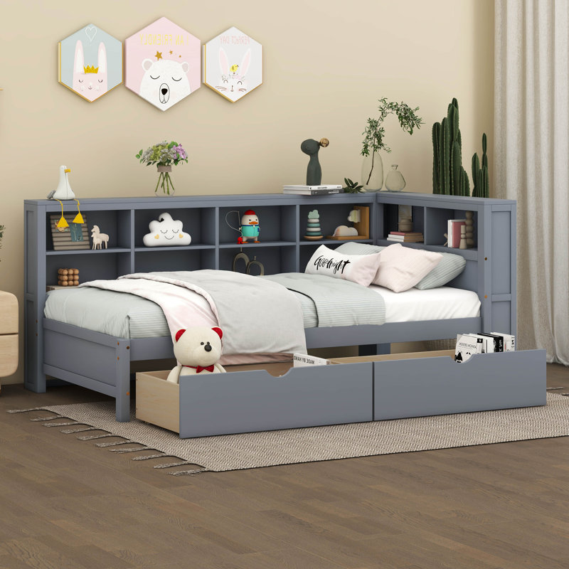 Lit de jour en bois Regil avec 2 tiroirs, tablette et ports de chargement USB, Lit simple, Gris