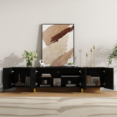 Luxury Fluted TV Stand For 65/70/75 Inch TV, Modern Chic Entertainment Center With 4 Doors, Wooden Media Console For Living Room And Bedroom, Black