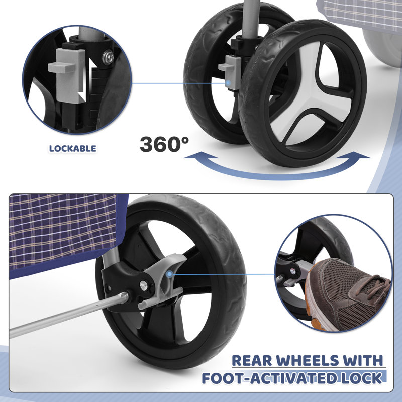 Plaid Foldable Dog Stroller with Storage and Cup Holder